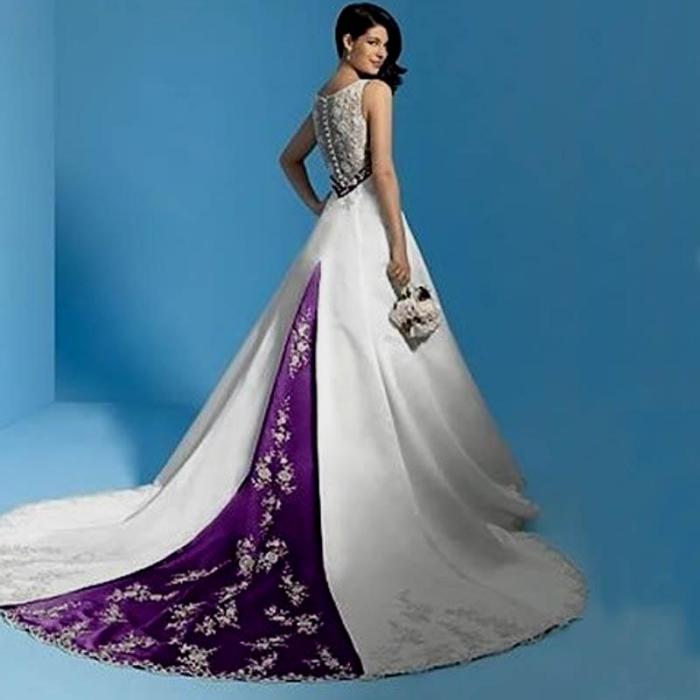 White wedding dress with purple accents