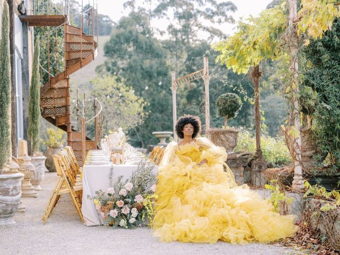 White yellow wedding dress